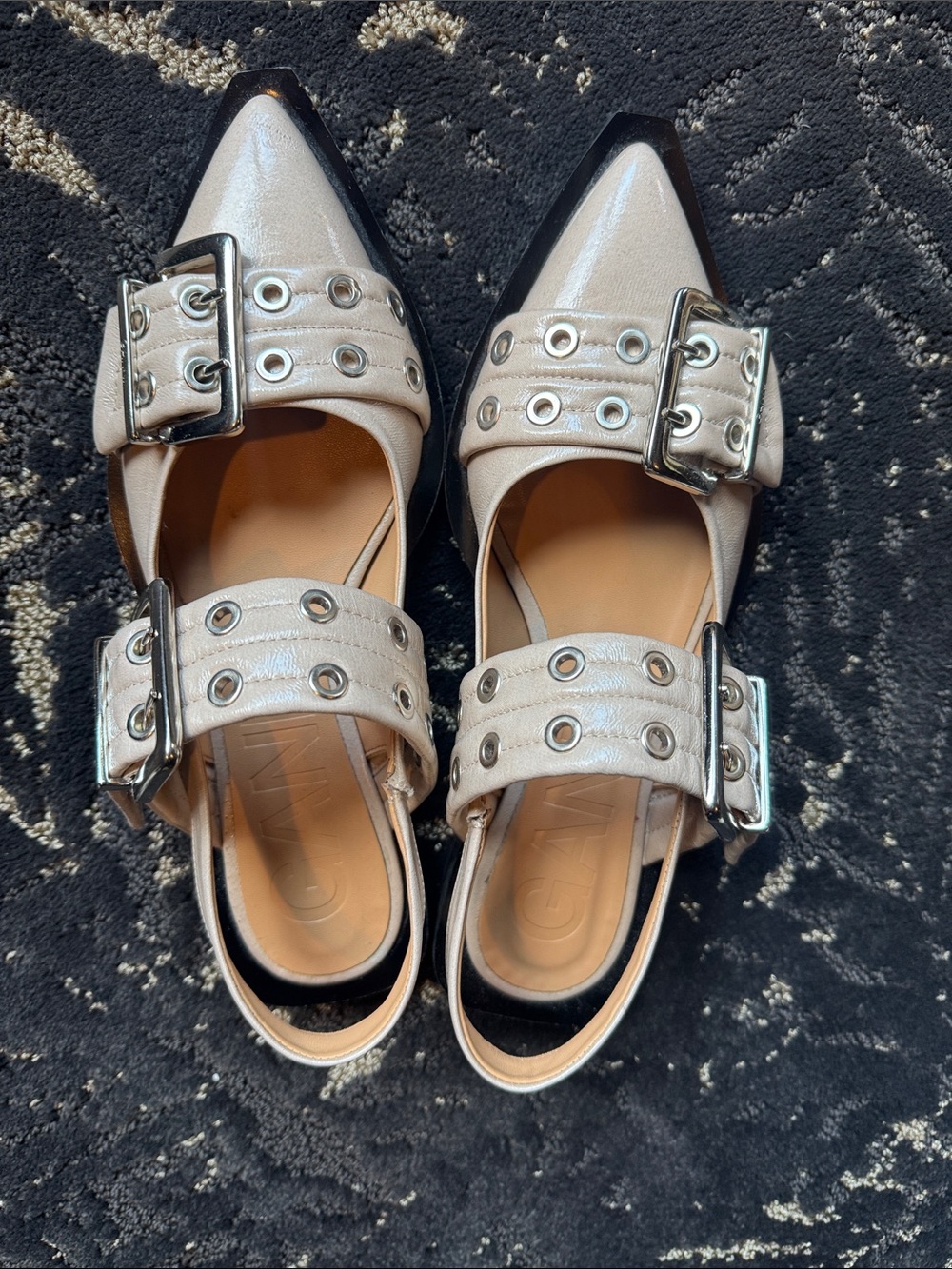 Ganni Pearl-White Pointed Slingback Flats with Double Buckles Sz 38